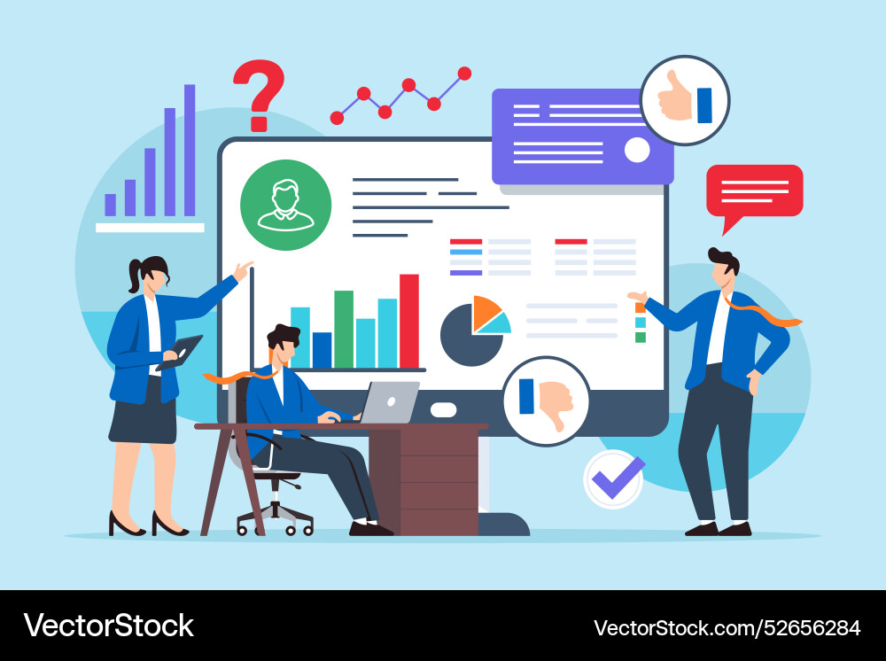 Flat of team evaluating survey data to solve Flat of team evaluating survey data to solve vector image