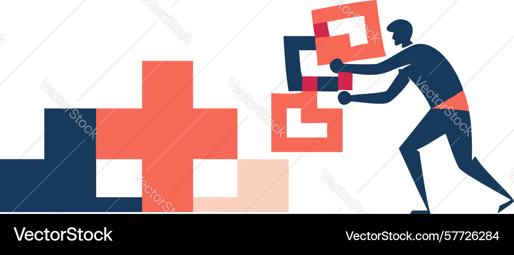 Person adding abstract block to growing structure vector image