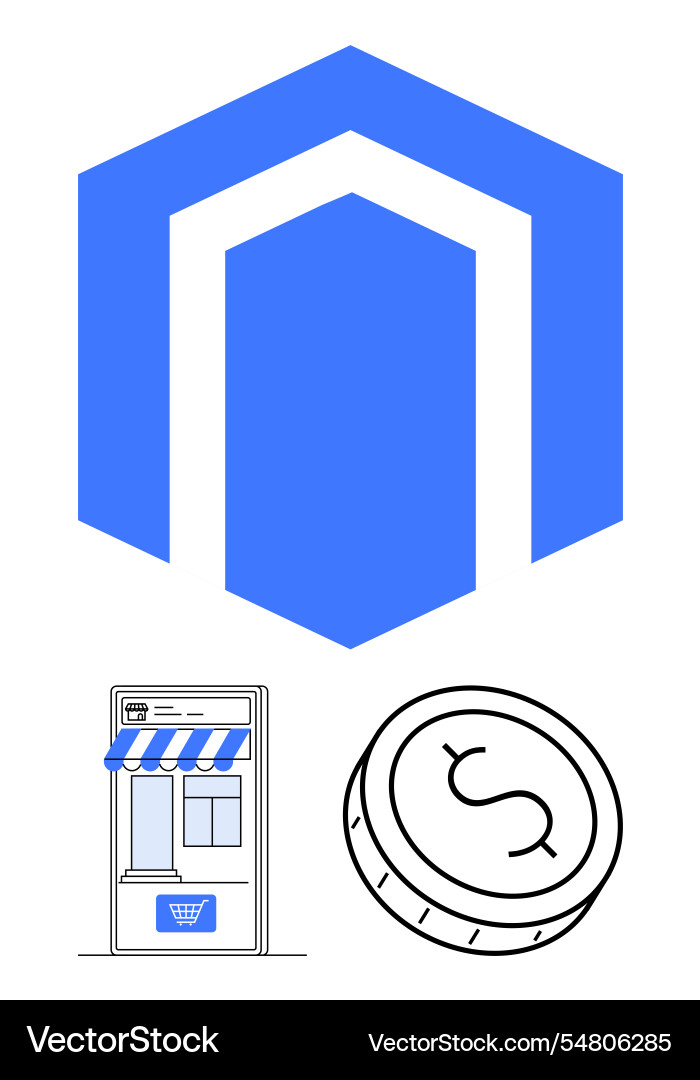 E-commerce system icon with a storefront and coin E-commerce system icon with a storefront and coin Vector Image