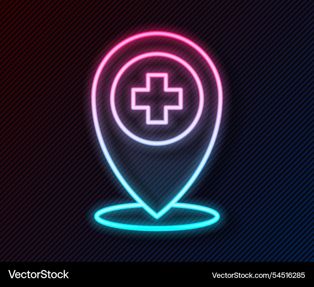 Glowing neon line medical map pointer with cross Glowing neon line medical map pointer with cross Vector Image