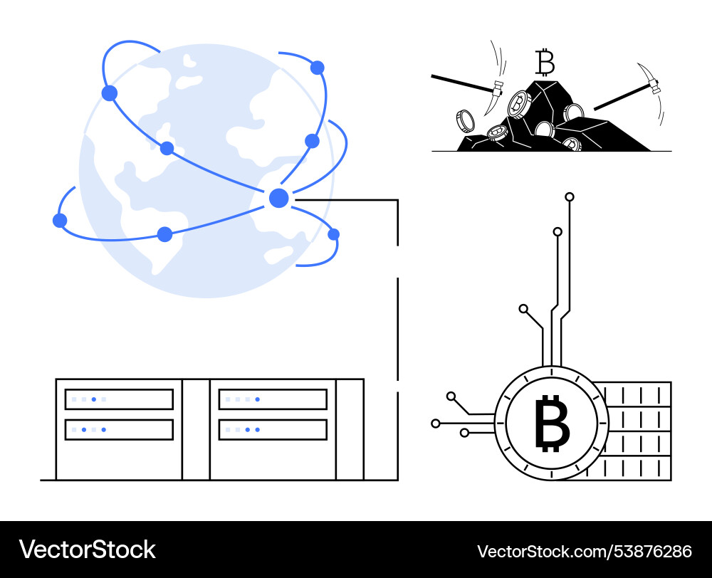 Global cryptocurrency network and bitcoin mining Global cryptocurrency network and bitcoin mining vector image