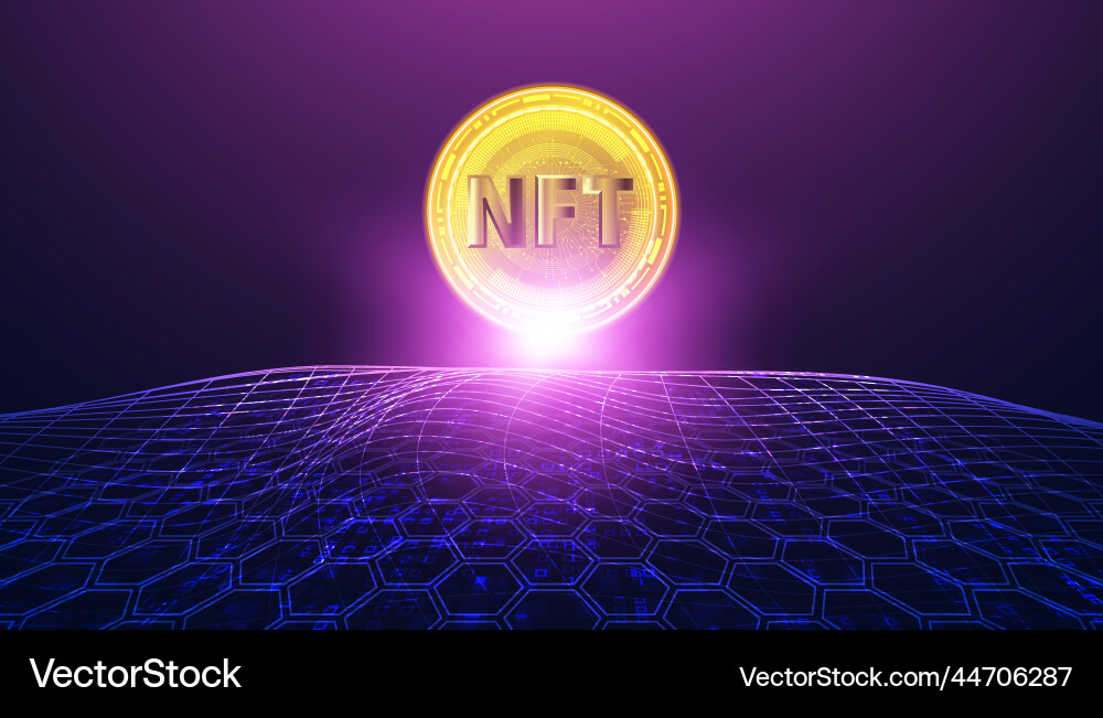 Abstract coin nft gold on background wireframe Vector Image