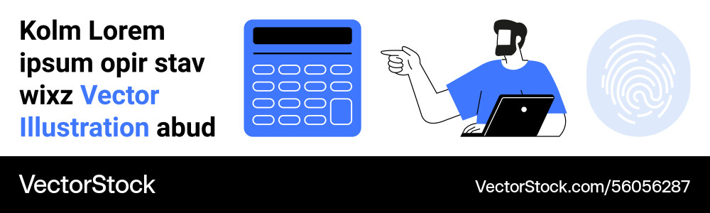 Man working on laptop while pointing towards text Man working on laptop while pointing towards text vector image