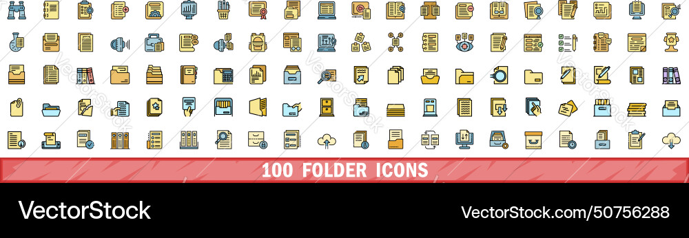 100 folder icons set color line style 100 folder icons set color line style vector image