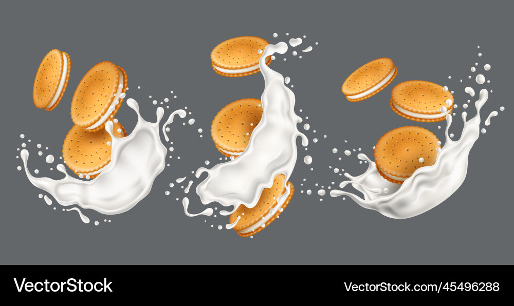 Cookies and milk splashes realistic biscuits vector image