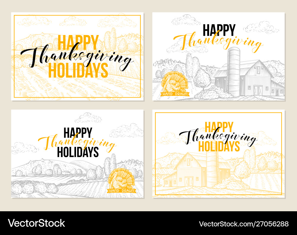 Happy thanksgiving hand drawn greeting cards set Happy thanksgiving hand drawn greeting cards set vector image