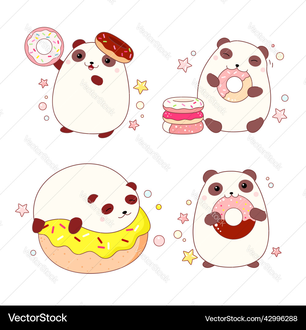 Set of cute little pandas with donuts collection Set of cute little pandas with donuts collection vector image