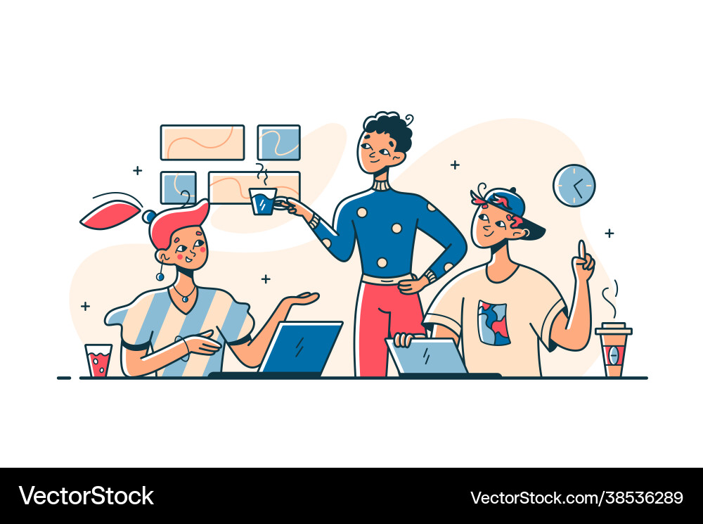 Colleagues having coffee break in office Colleagues having coffee break in office vector image