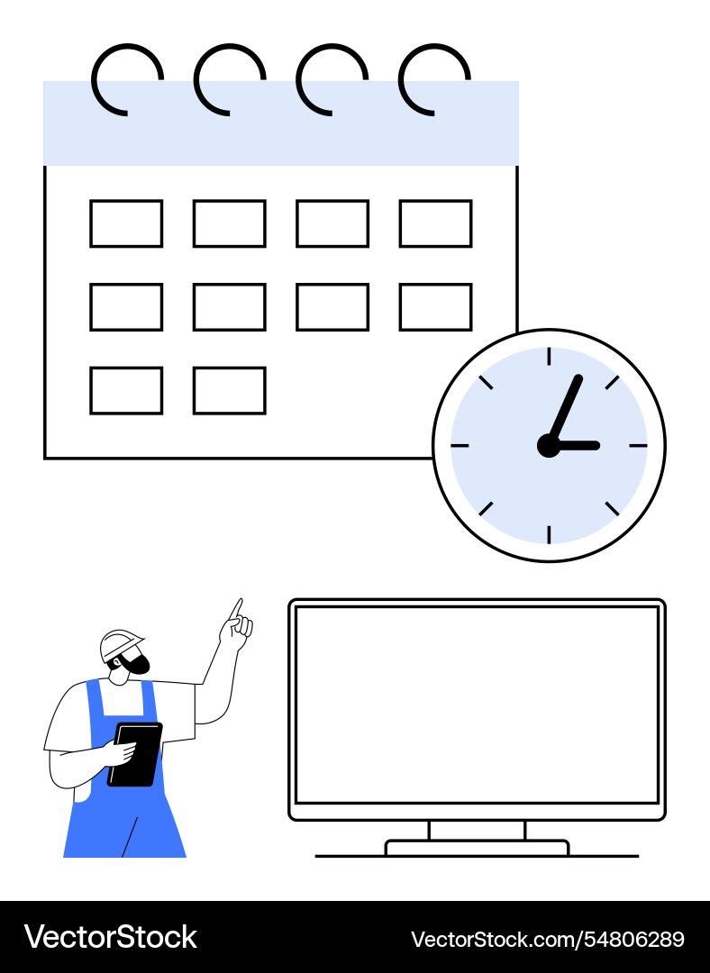 Worker scheduling tasks with clipboard near large Worker scheduling tasks with clipboard near large vector image