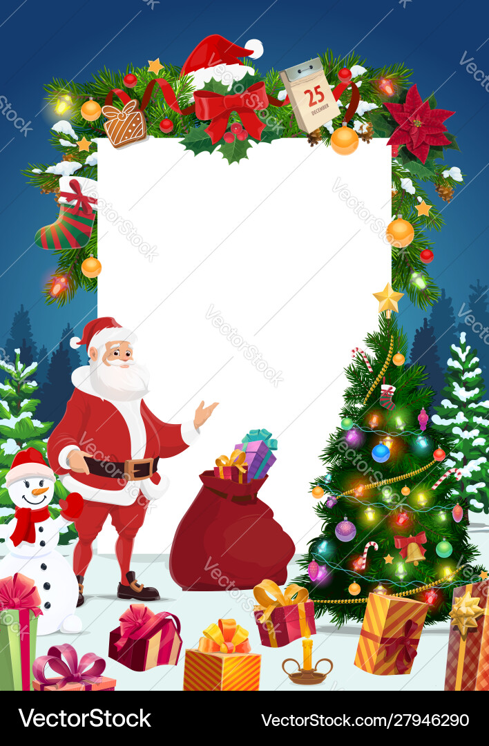 Santa snowman with christmas tree and signboard Santa snowman with christmas tree and signboard vector image