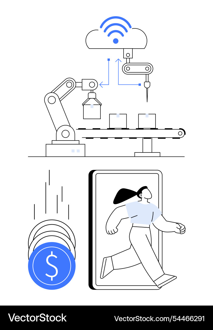 Automated production line with robotic arm Automated production line with robotic arm vector image