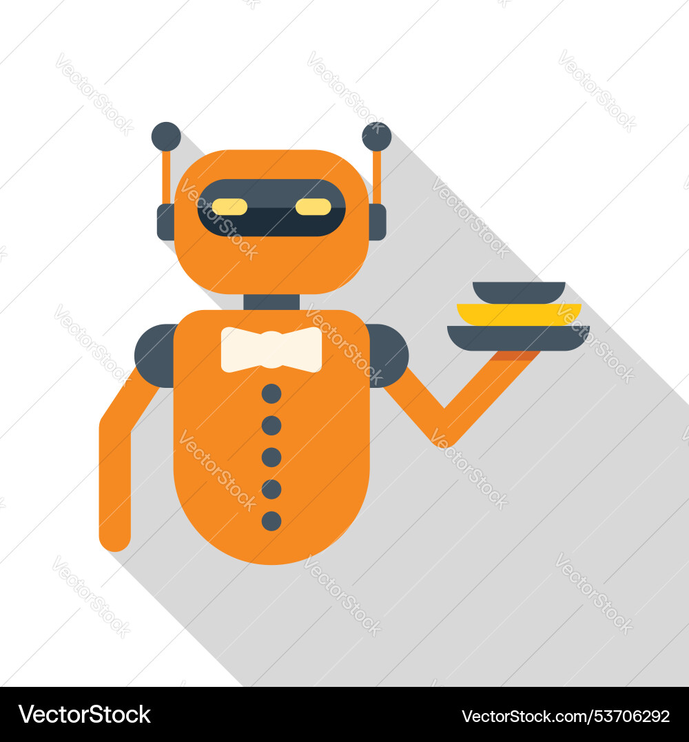 Orange Roboter Kellner halten ein Tablett mit Platten Orange Roboter Kellner halten ein Tablett mit Platten vektorbild