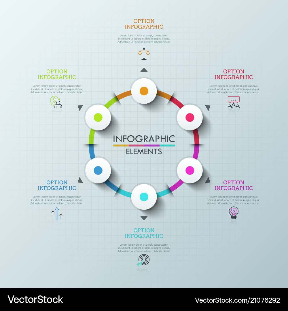 Round chart with 6 elements arrows pointing Round chart with 6 elements arrows pointing vector image