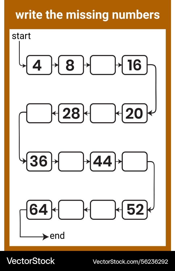 Write the missing number mathematics worksheet Vector Image