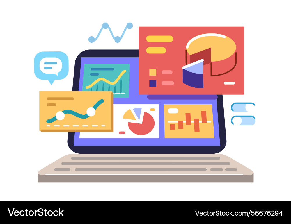 Analyzing charts graphs on laptop for data review vector image