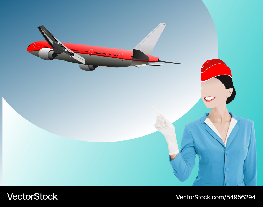 Smiling flight attendant pointing at a red Vector Image