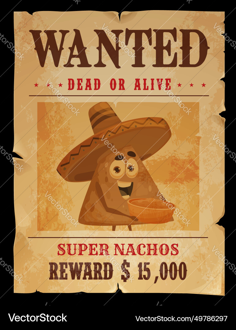 Western vintage wanted poster with nachos bandit vector image