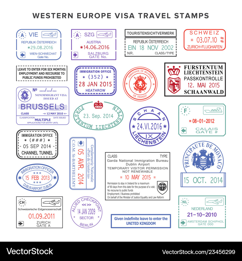 European Travel Visa Stamps Set vector image