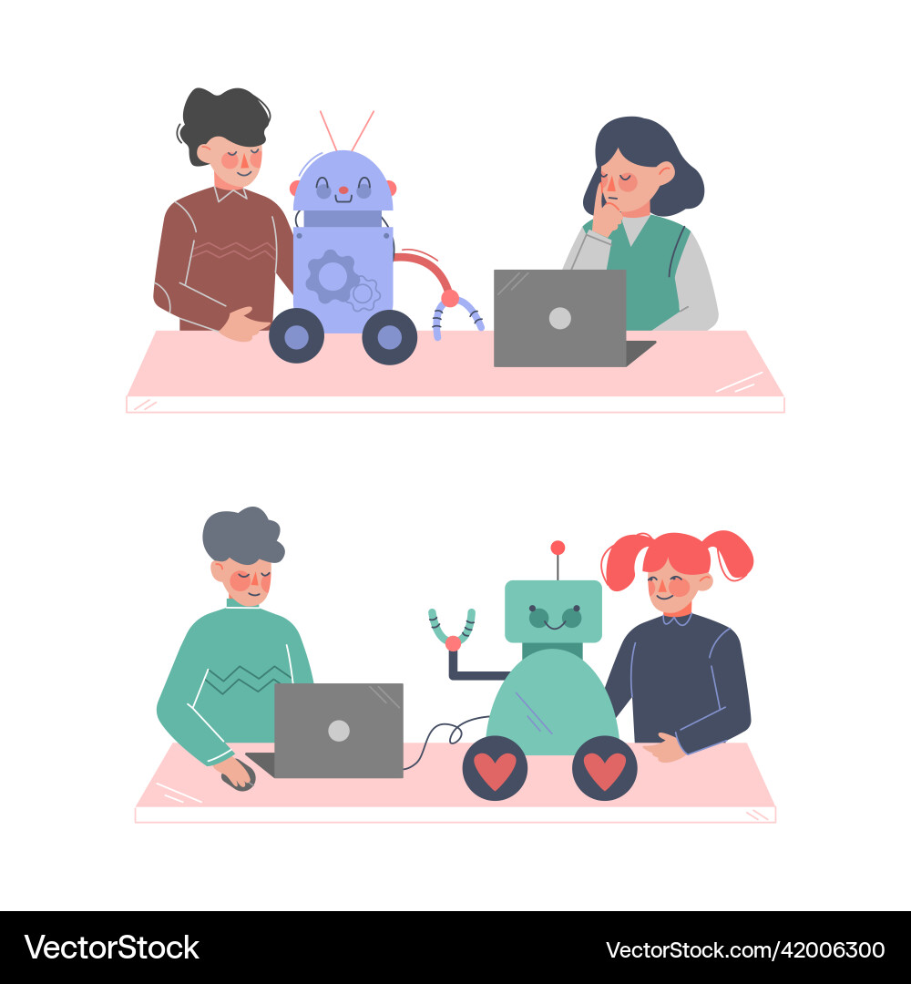 Children engineers making and programming robots Children engineers making and programming robots vector image