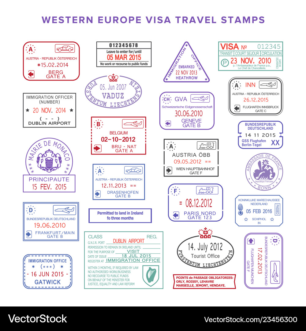European Travel Visa Stamps Collection Vector Image