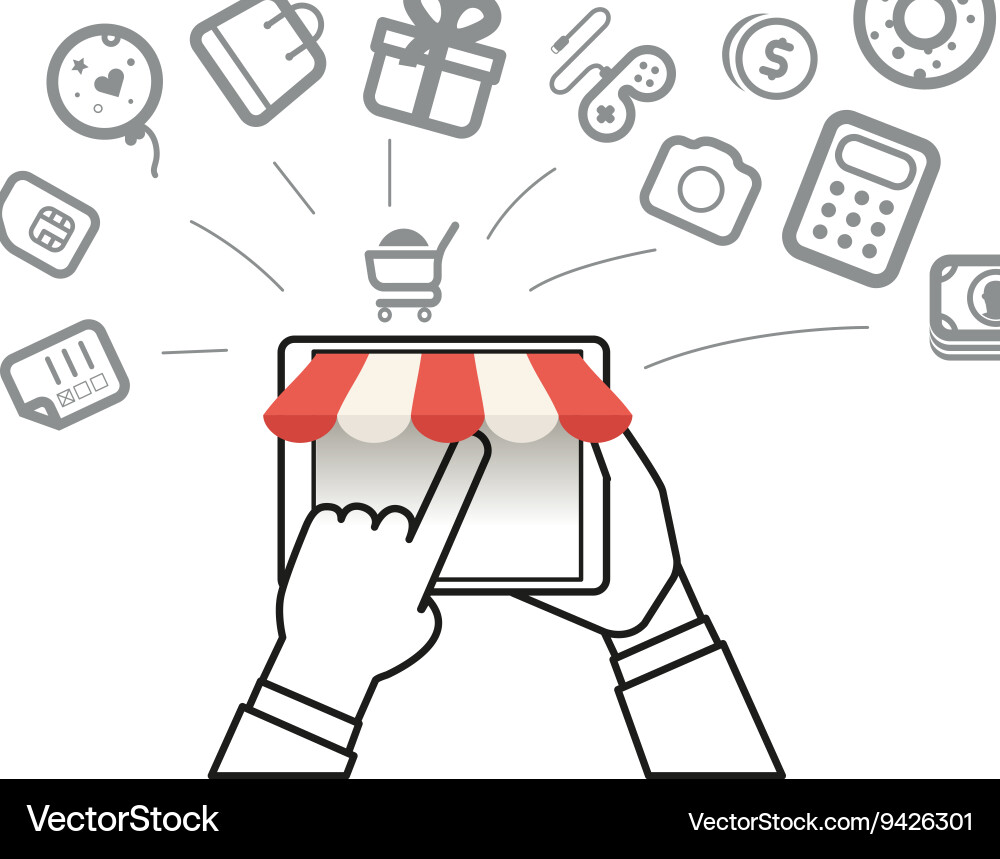 Shopping via internet connection simple line vector image