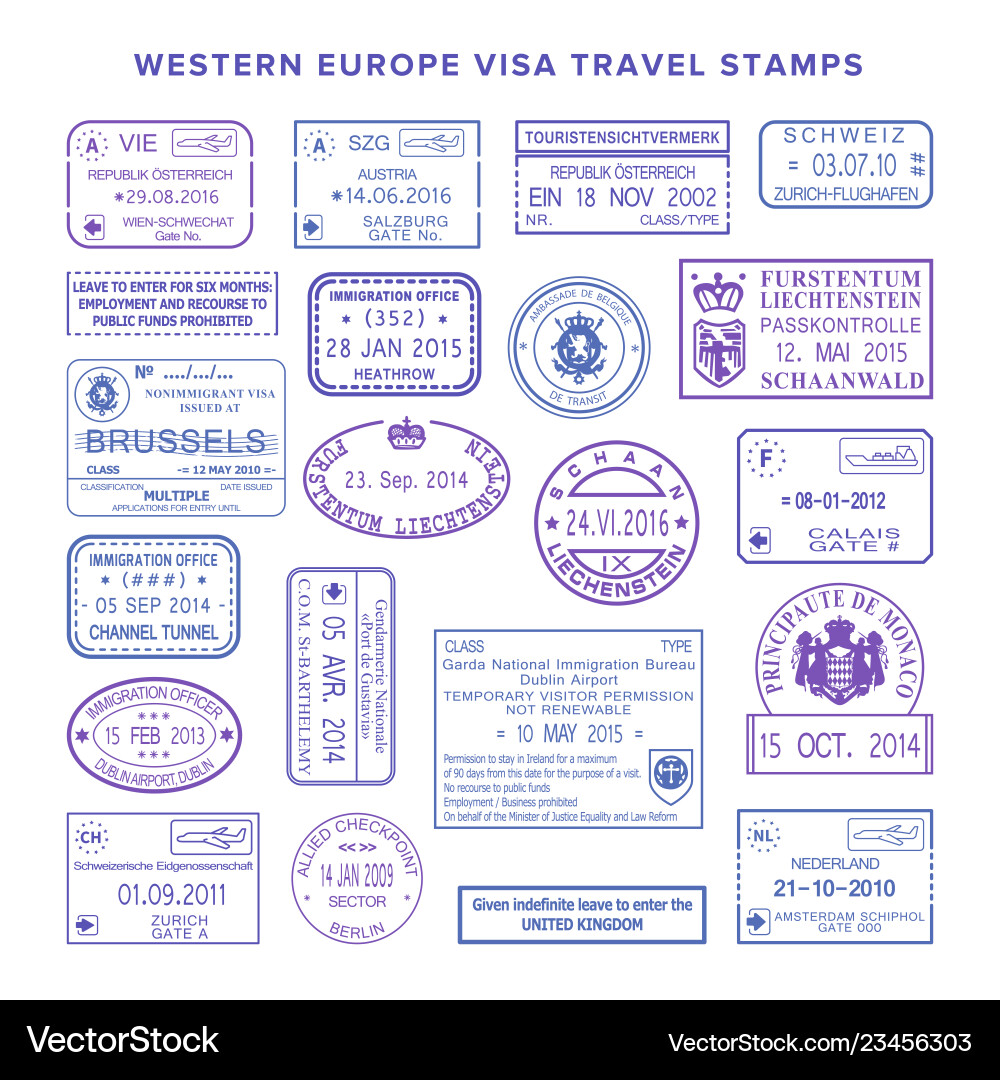 European Travel Visa Stamps Collection vector image
