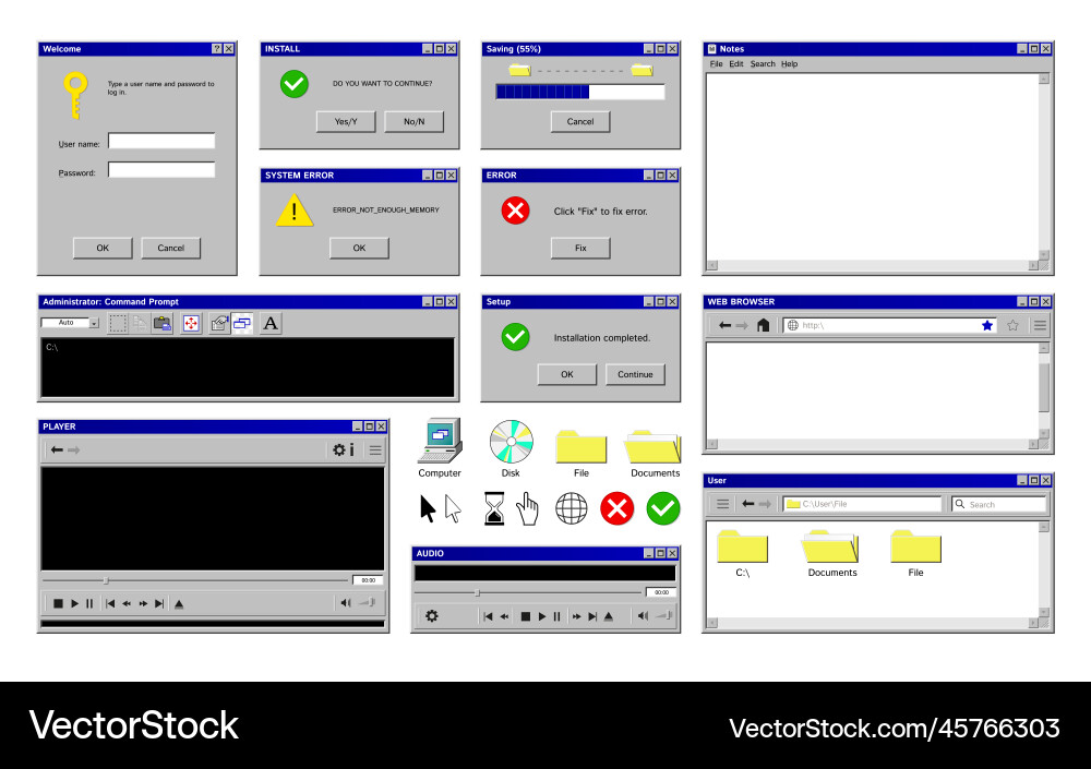 Old program windows collection Old program windows collection vector image