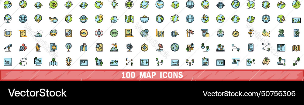 100 map icons set color line style 100 map icons set color line style vector image