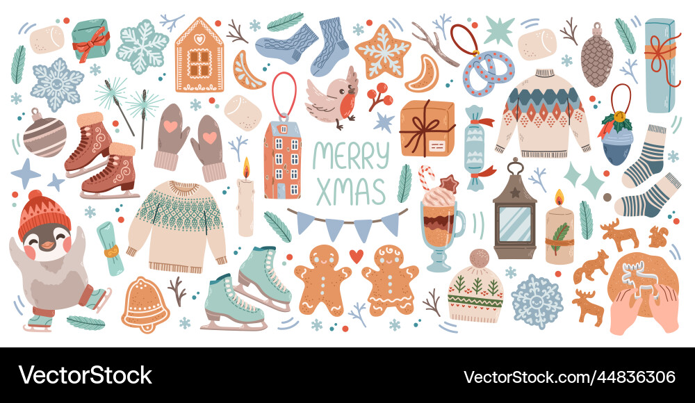 Christmas big set of elements with cookies houses Christmas big set of elements with cookies houses vector image