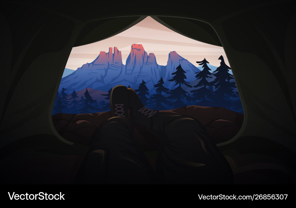 View from tent to mountains hiking View from tent to mountains hiking vector image