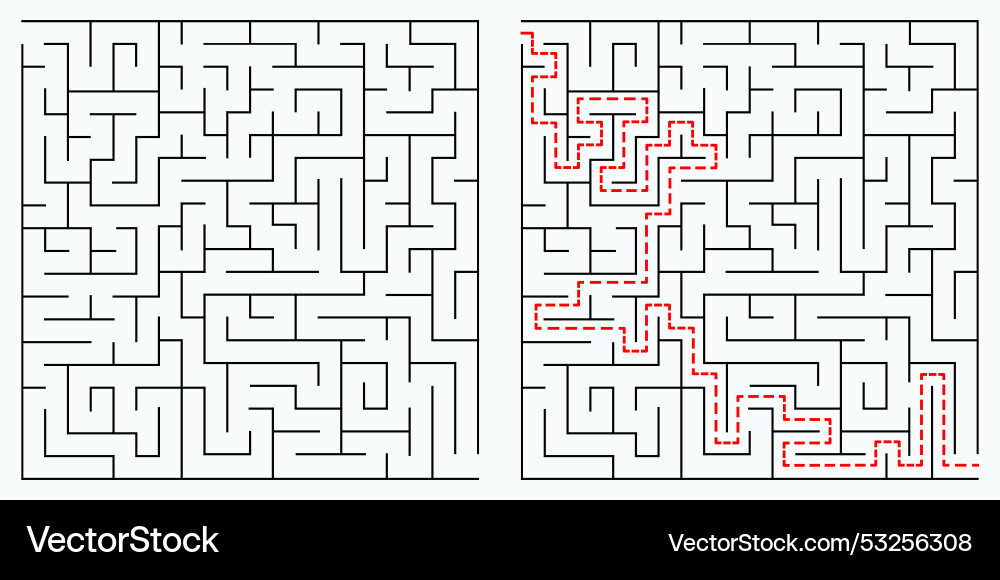 A maze game square labyrinth with solution A maze game square labyrinth with solution Vector Image