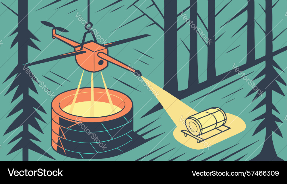 Drone lowering bucket into well design generative Vector Image
