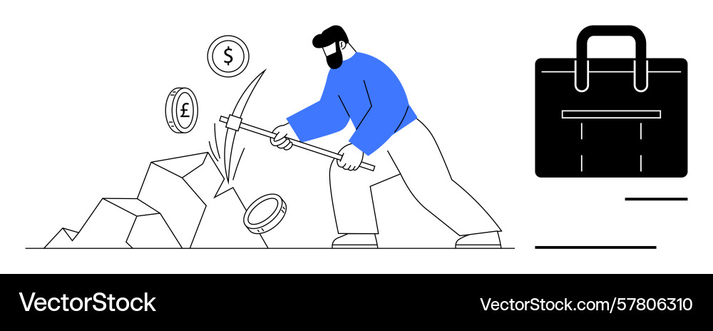Worker mining coins with pickaxe depicting Worker mining coins with pickaxe depicting vector image