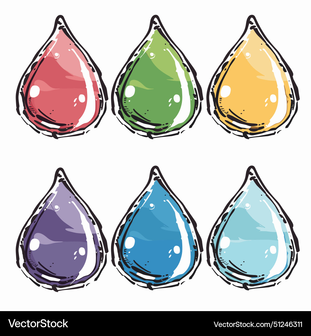 Set sechs bunte Wassertröpfchen Cartoon Stil Set sechs bunte Wassertröpfchen Cartoon Stil vektorbild