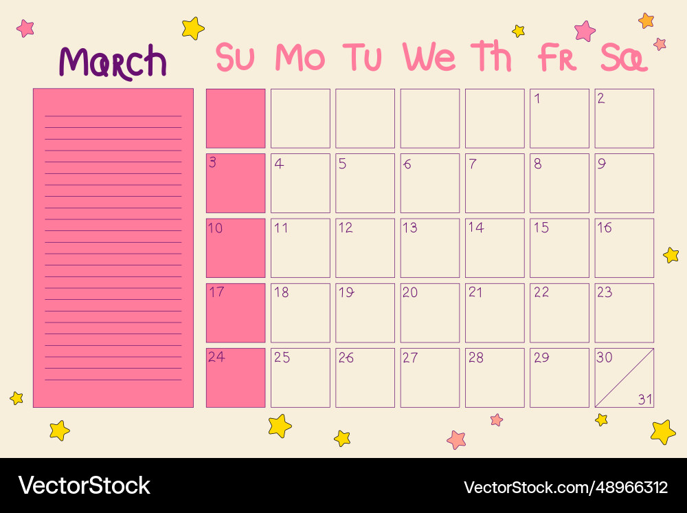 Calendar 2024 march planner with dates and notes Vector Image