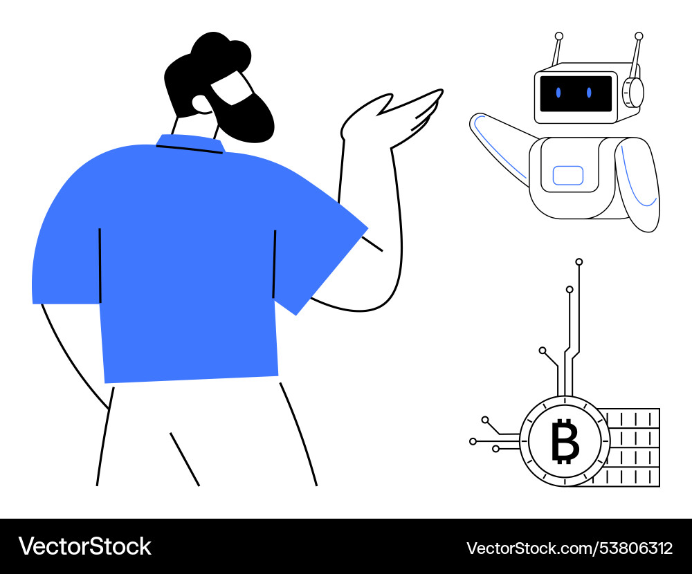 Man gesturing to robot and bitcoin symbol Man gesturing to robot and bitcoin symbol Vector Image