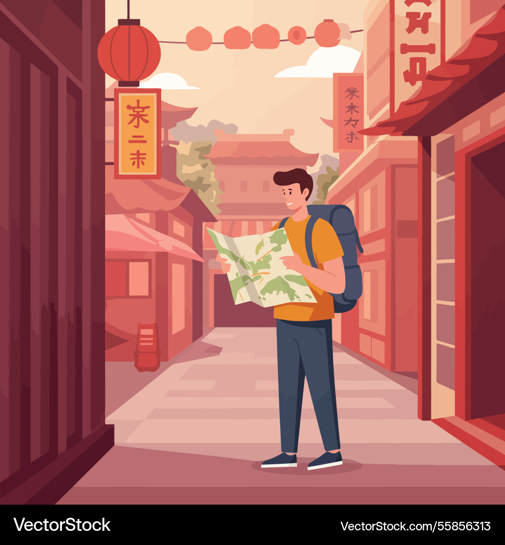 Man holding map exploring street with lanterns Vector Image