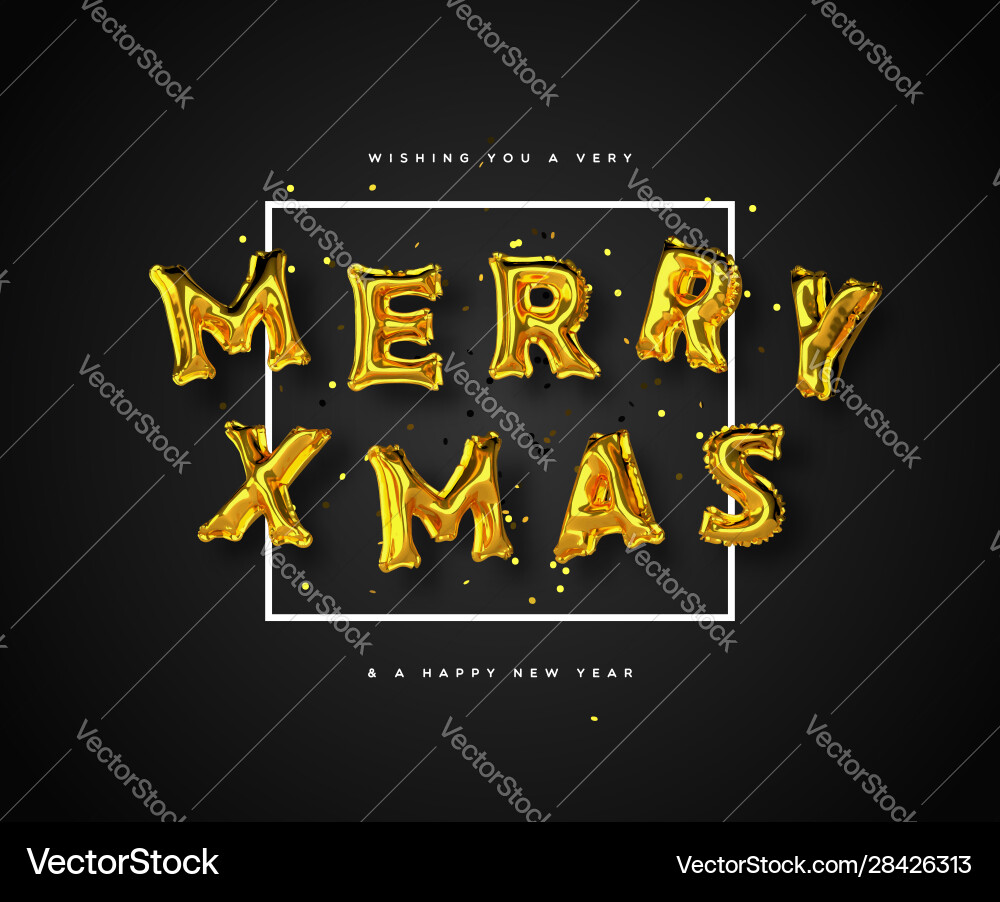 Merry christmas gold 3d party foil balloon card Merry christmas gold 3d party foil balloon card vector image