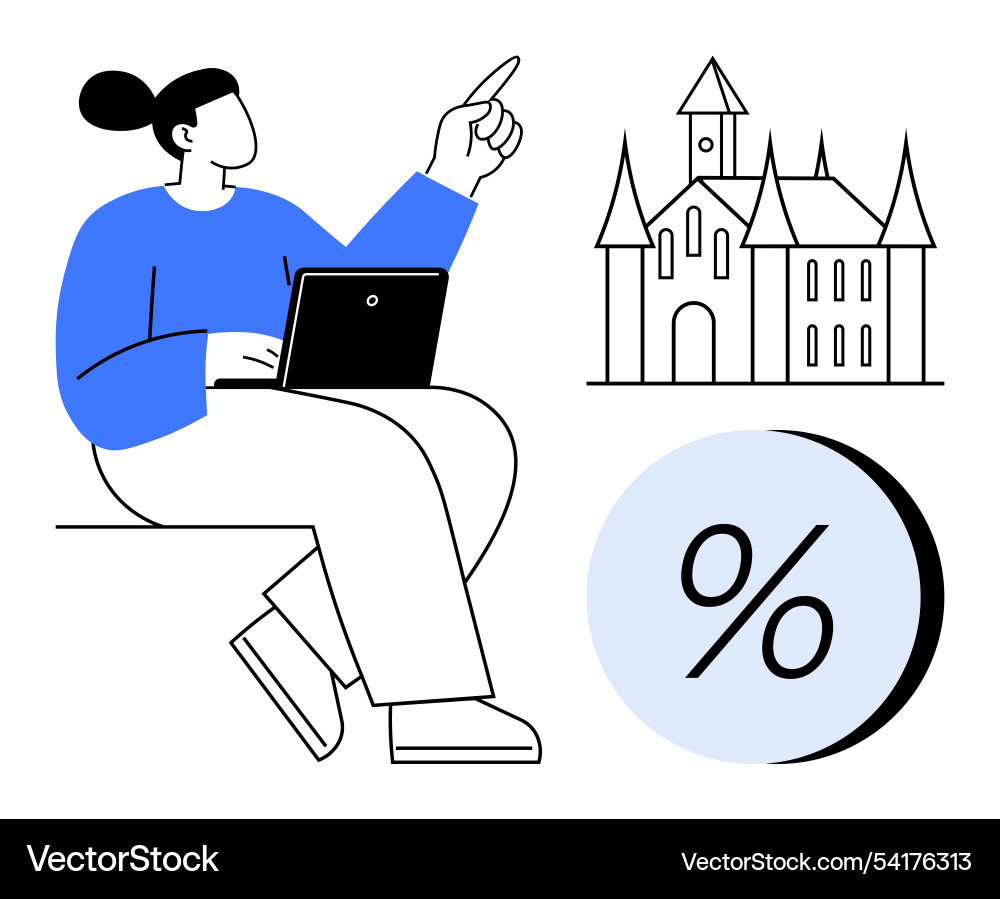 Person pointing and using a laptop next Vector Image