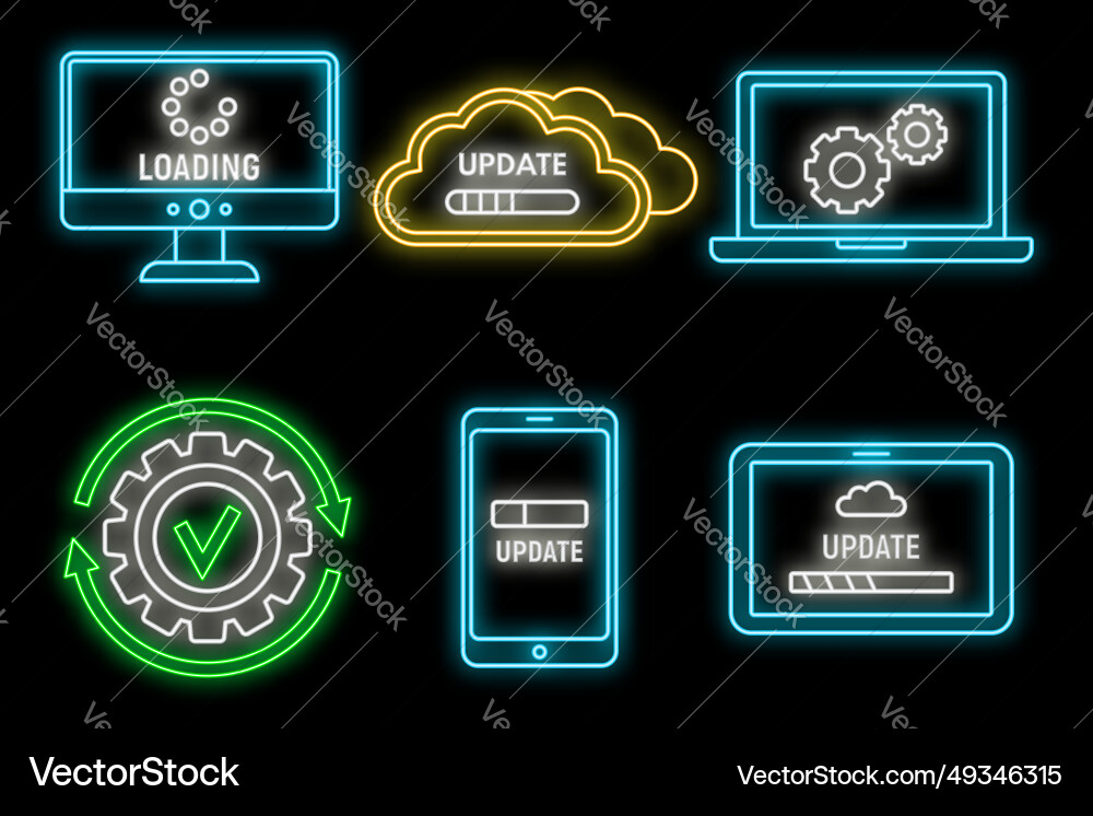 Computer system update icons set neon Computer system update icons set neon vector image