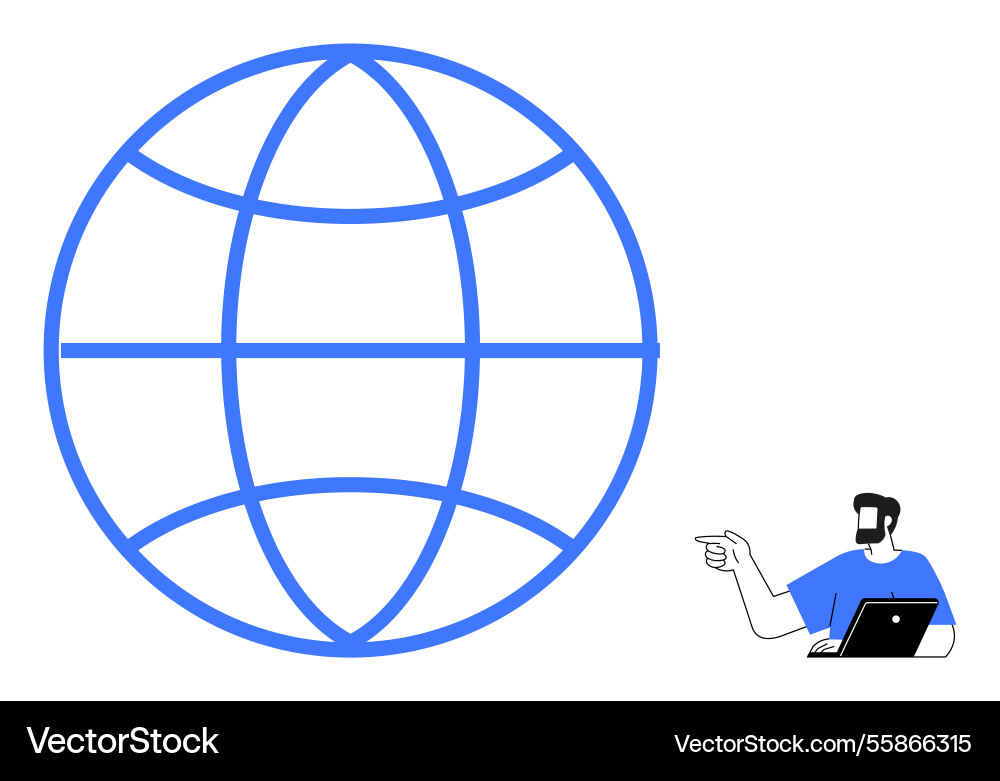Man with laptop pointing at large globe global Man with laptop pointing at large globe global Vector Image