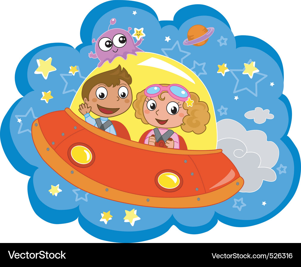 Cartoon Spaceship in the Sky Vector Image