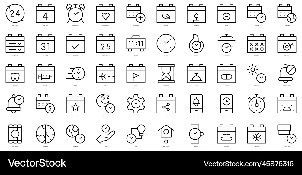 Set of thin line time and date icons vector image