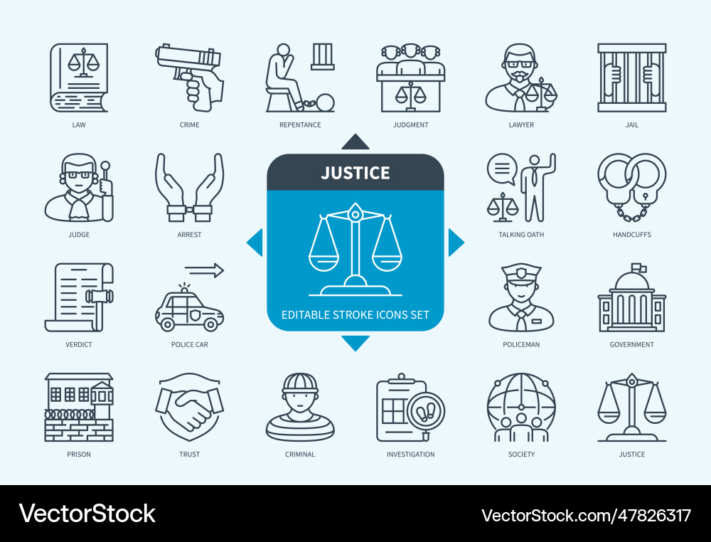 Justice icons set with description Justice icons set with description Vector Image