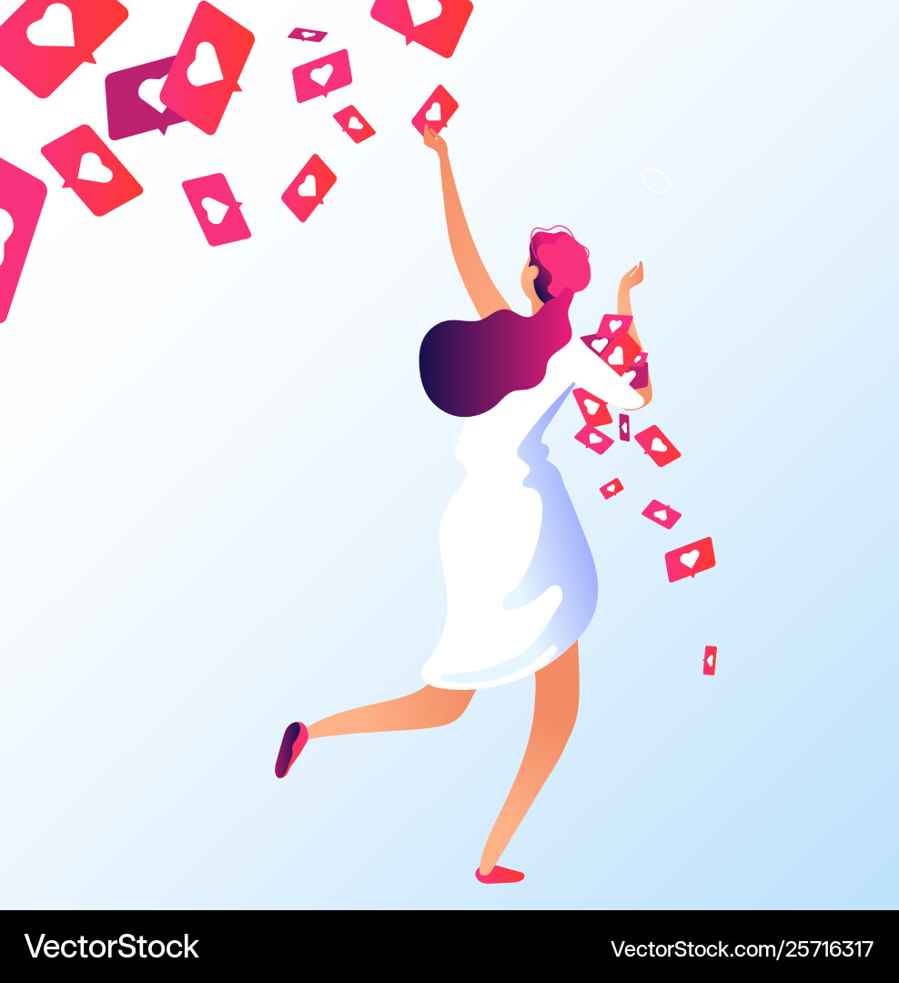 Like notifications girl grabbing likes social Like notifications girl grabbing likes social vector image
