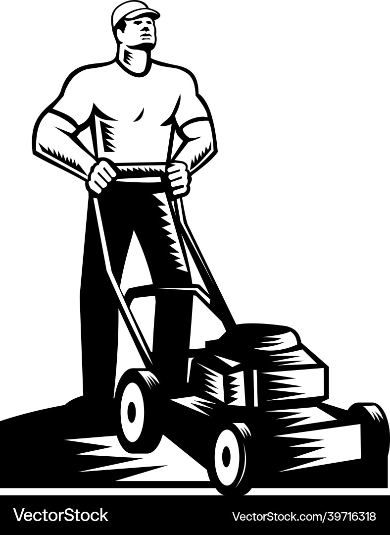 Gardener or groundskeeper with lawn mower mowing Vector Image