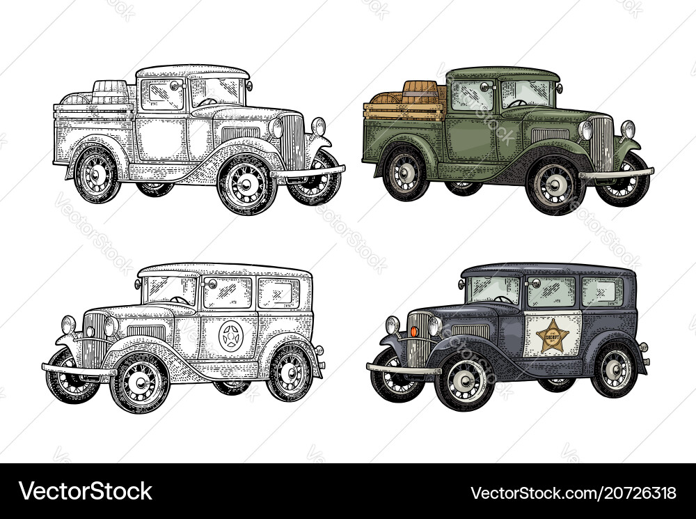 Retro police car and pickup truck with barrel Retro police car and pickup truck with barrel vector image