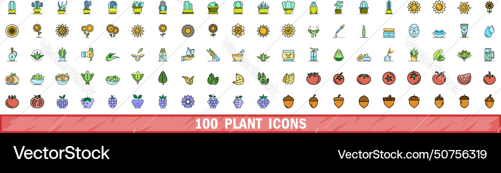 100 Pflanzensymbole setzen Farblinie Stil 100 Pflanzensymbole setzen Farblinie Stil vektorbild