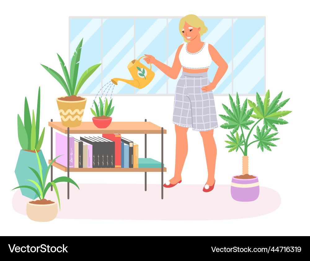 Woman watering home flower in pot