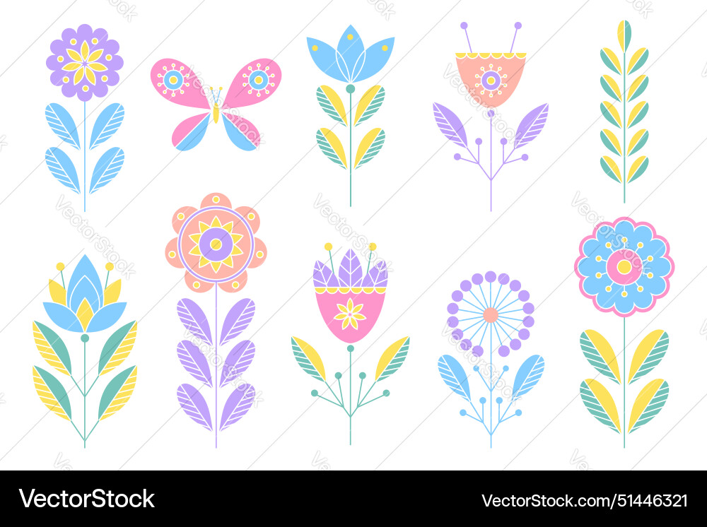 A set of linear style flowers to create different Vector Image